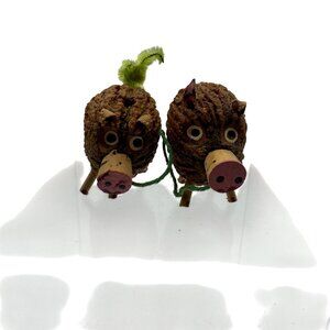 Vintage Handmade Walnut Shell Pig Figurines  Set Of 2 Folk Art Animals